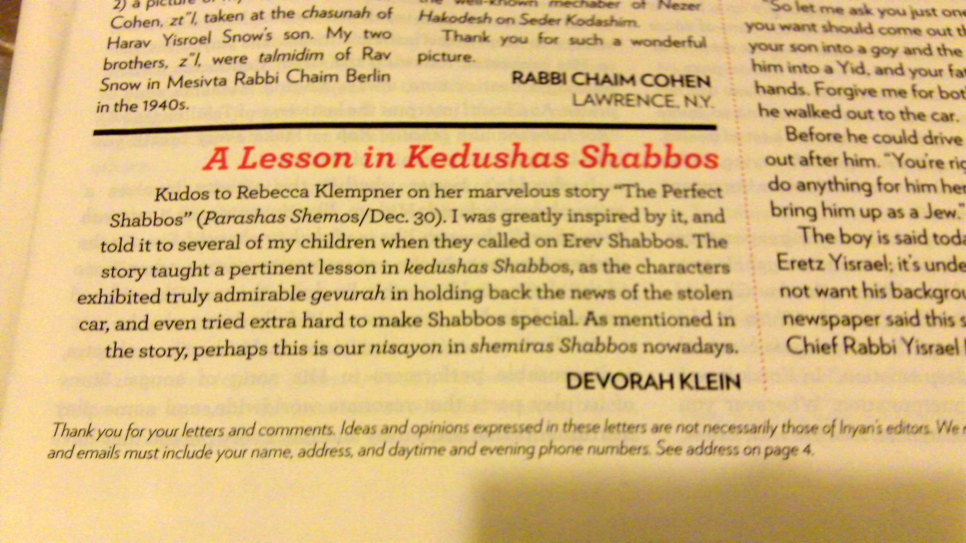 Fan mail for The Perfect Shabbos