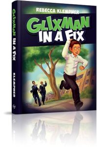Cover of Glixman in a fix, in which a white-shirted Mendel is holding onto his yarmulke while running away from two men in dark suits.